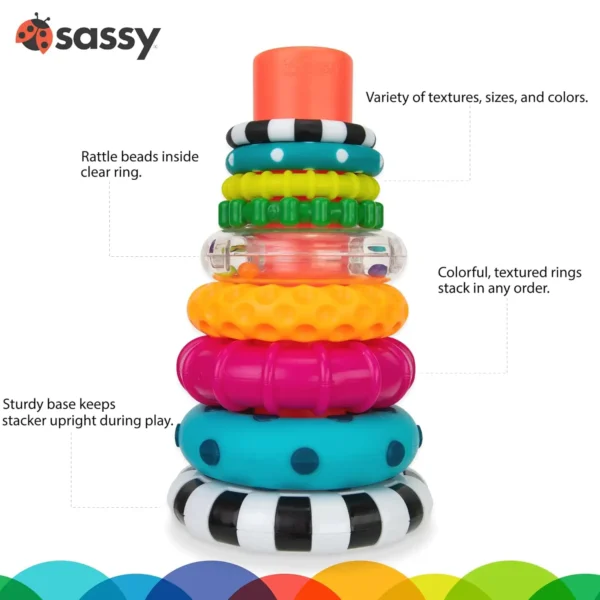 Sassy Stacks of Circles – 9-Piece STEM Learning Stacking Ring Toy for Babies 6+ Months, Multi-Colored