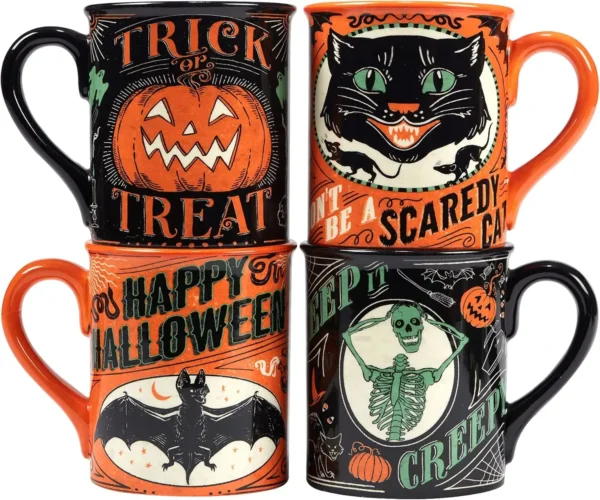 Certified International Scaredy Cat 18 oz Mugs – Set of 4 with Assorted Halloween Designs